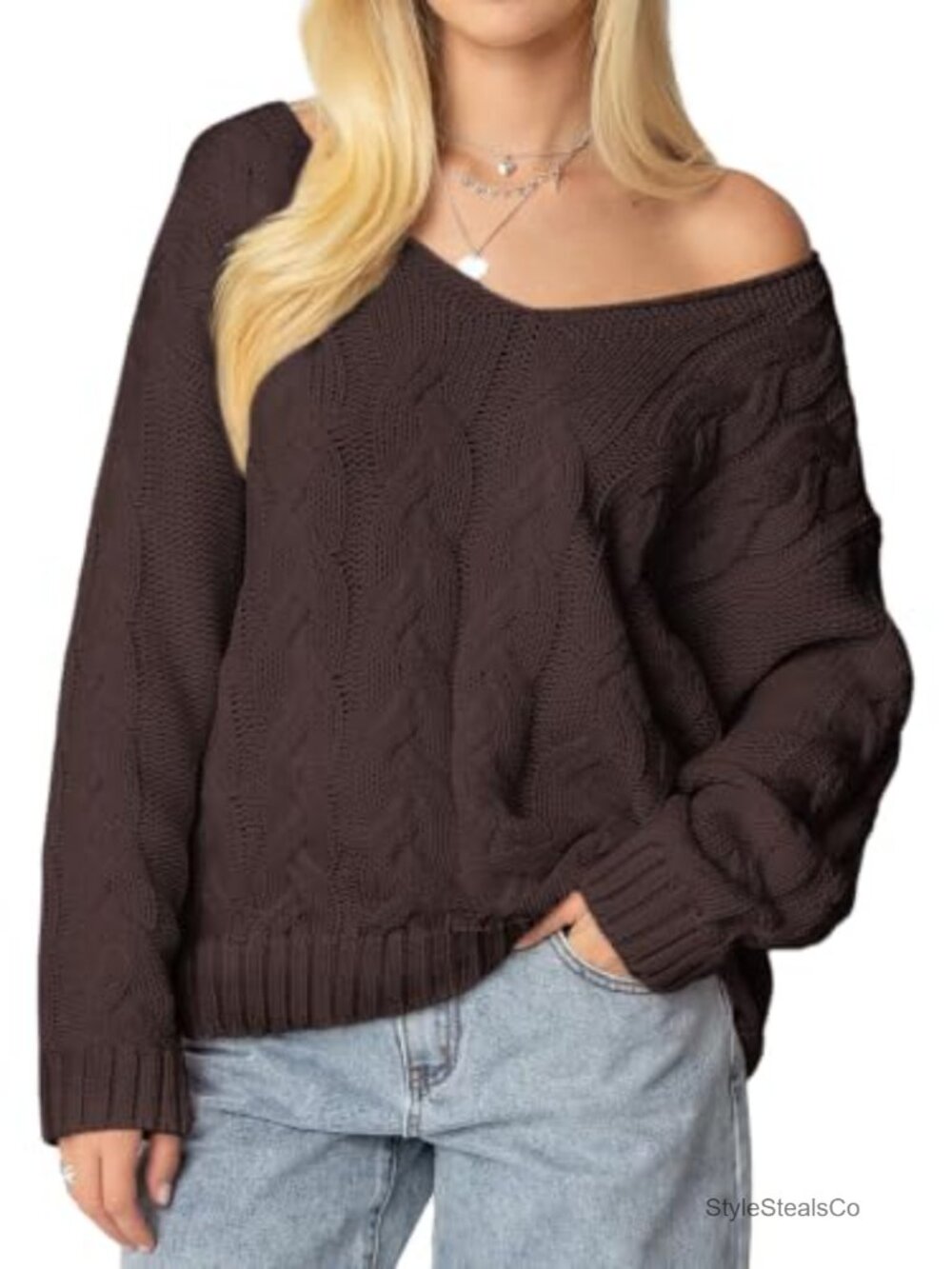 Oversized Cable Knit V Neck Off Shoulder Long Sleeve Pullover Sweater